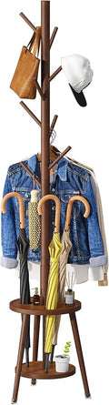 Coat Rack, Bamboo Wood Coat Freestanding with Umbrella Holder, Adjustable Height Coat Stand with 8 Hooks, kids coat rack, Used In The Bedroom Living Room, Office To Hang Clothes, Hats, Bags (Brown)