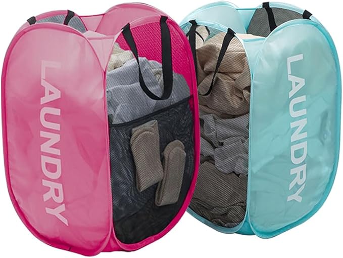 Mesh Popup Laundry Baskets, Collapsible Laundry Hampers, 2 Pack Clothes Hampers Storage Basket for Home, Bathroom, College Dorm, RV Cruise, Travel (Pink + Blue)