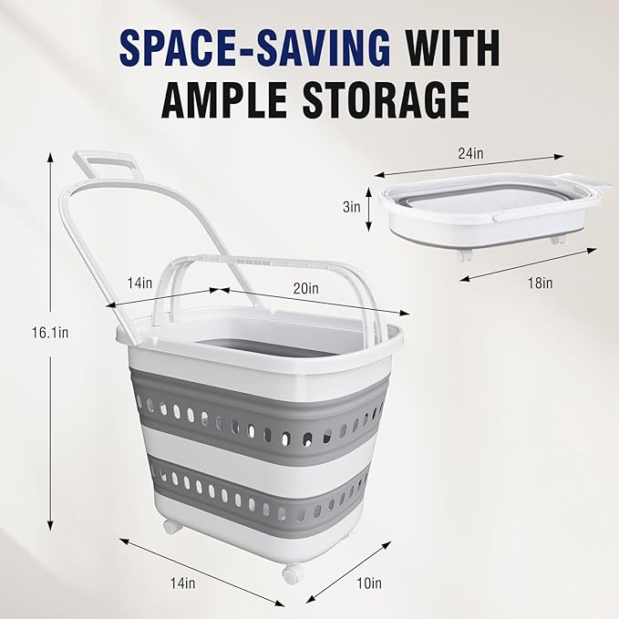 TECHMILLY Collapsible Plastic Laundry Basket Hamper with Wheels, 45L Portable Rubber Clothes Basket, Pop Up Storage Container/Organizer with Hanging Basket for Washing & Storage, Grey