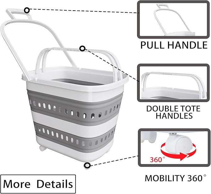 Folding Laundry Basket with Wheels Handle Collapsible Plastic Hamper 38L Portable Rubber Clothes Multi Use Grocery Shopping Cart Pop Up Storage Container Organizer with Hanging Space Saving White Grey