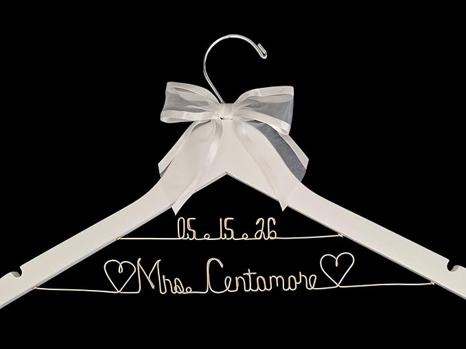 Bride Wedding Dress Hanger Gold Wire Writing, Personalized, Mrs., Choice of 10 Bow Colors - Bride Name - Quality White or Dark Wood Hanger with Notches - Bridal Gift with or Without Wedding Date