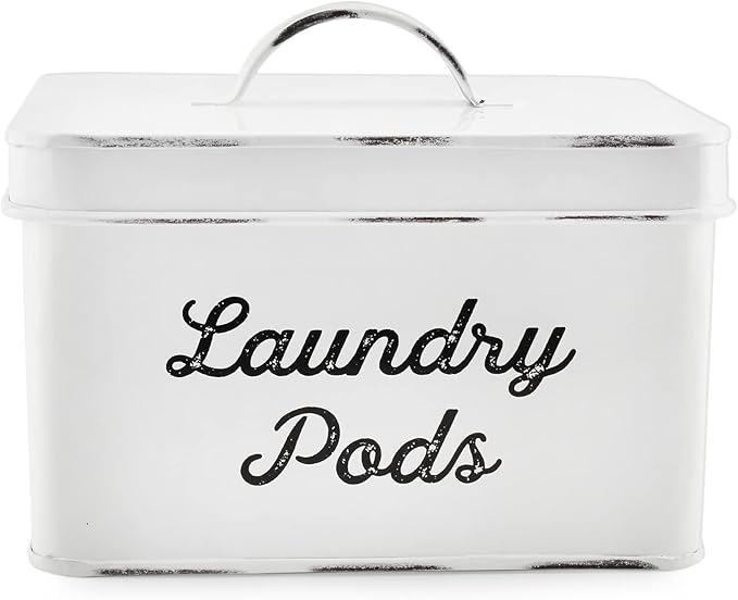 AuldHome Design Enamelware Laundry Pod Holder; Rustic White Laundry Pod Storage Container