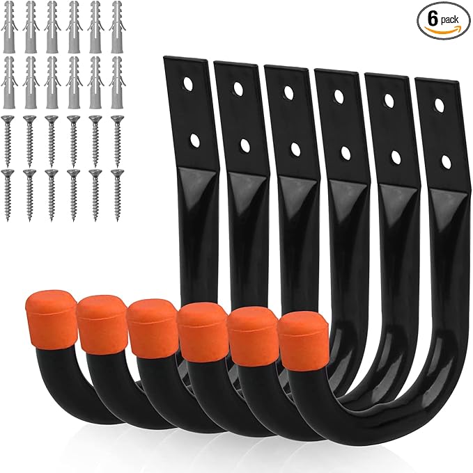 HORUSDY 6-Pack Heavy Duty Metal Wall Hooks, Large Garage Storage & Organization Hooks for Tools, Extension Cords, Ladders, and Bags, Wall Mount J Hooks for Indoor Outdoor Use, Black