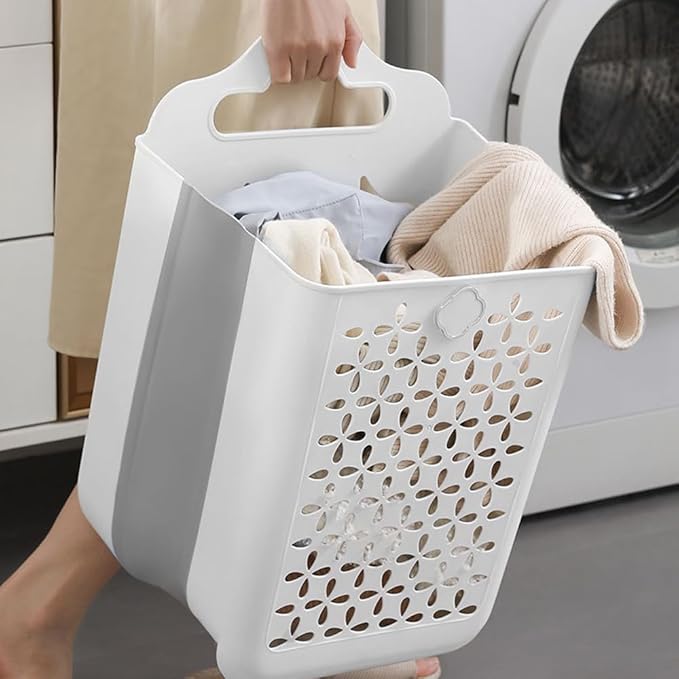 Collapsible Laundry Hamper, Household Foldable Dirty Wall Hanging Multi-functional Hollow Storage Basket Large Capacity Storage Bucket, Plastic Collapsible Hanging Laundry Baskets with Carry Handle