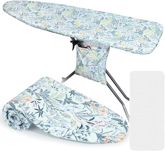 FIOBEE Ironing Board Cover and Pad Extra Thick Iron Board Pad with Heat-Resistant Mesh Padded Iron Board Covers Adjustable Buckle & Elastic Edges for 15x54 Standard Size Ironing Board, Grey Flower
