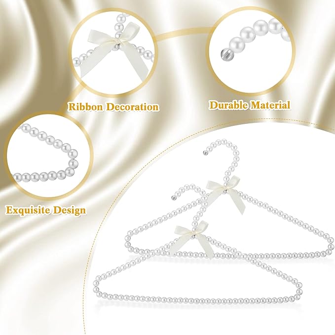 Threan 5 Pcs 16 Inch Pearl Clothes Beaded Clothing Hanger with Ribbon Bowknot Metal Elegant Clothes Standard Hanger for Women Bride Wedding Dress Coat Shirt