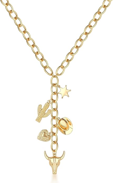 Chunky Gold Necklace for Women Gold Evil Eye Cowboy Pendant Necklace Dainty Paperclip Chain Vintage Luck Amulet Choker Necklaces Celestial Jewelry Gift