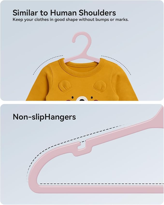Plastic Kids Hangers, Pack of 100, Ultra Slim Closet Hangers, Non-Slip, Space-Saving, Sturdy, 14" W x 7" H (for Children Aged 7-12 Years),Light Pink, UAPY07100P