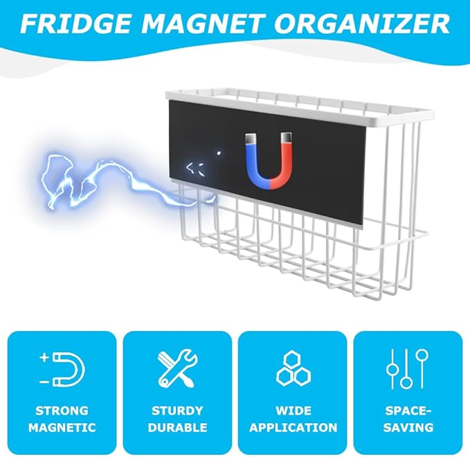 Magnetic Metal Basket Organizer for Fridge & Locker, Storage Basket for Foil/Plastic Wrap/Spice/Dryer Ball, Space-Saving Kitchen & Laundry Solution (White, S)