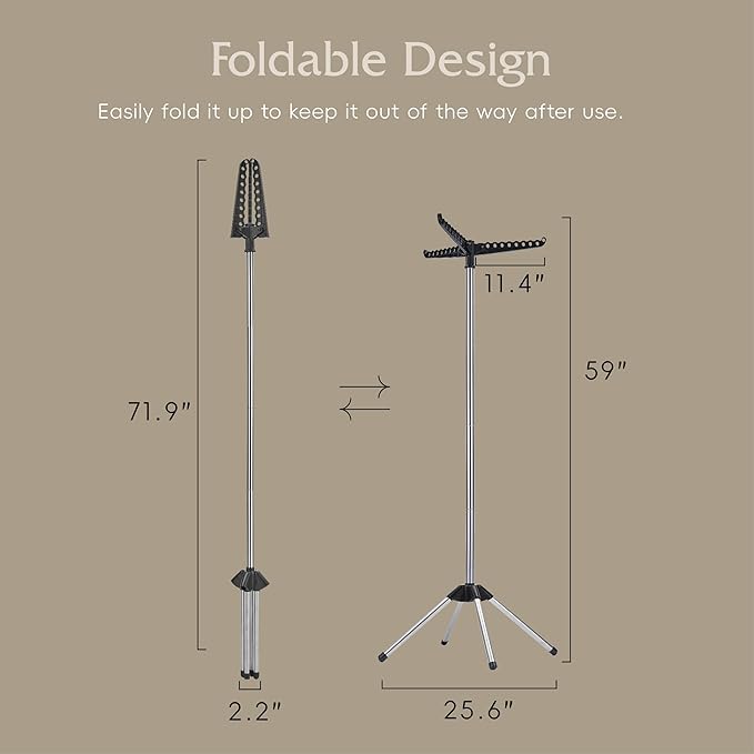 Beaudaily Clothes Drying Rack, Foldable Laundry Drying Rack, Indoor 59-Inch Drying Rack Clothing with 3 Rotatable Arms, Stainless Steel, Holds 27 Pieces, Space Saving, Portable, Black and Silver