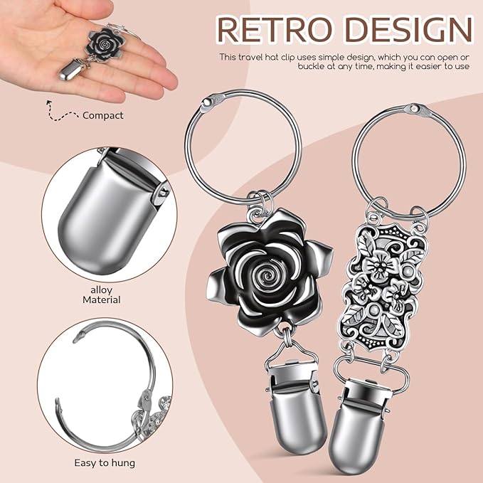 6Pcs Hat Clips for Travel, Metal Vintage Backpack Clips for Hanging, Beach Vacation Cruise Essentials Accessory for Travel Handbag Backpack Luggage Shawl