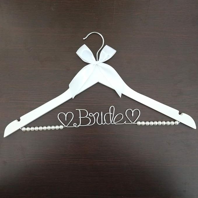 The Bride's Wedding Gift, Wooden Wedding Dress Gown Hanging Wire Letter Hanger (White and Silver Thread with Pearls)