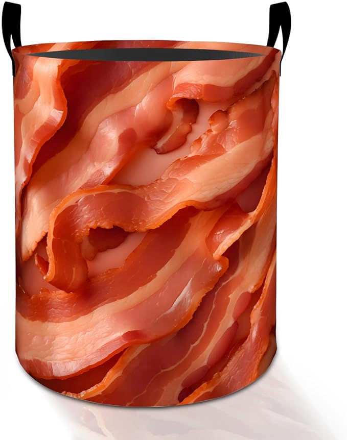 Bacon Pattern Laundry Basket Hamper for Boys Girls Kids Adults, Foldable Waterproof Oxford Clothes Storage Bin, Funny Food Organizer for Bedroom Bathroom Room Decor 19.7"x15.8"