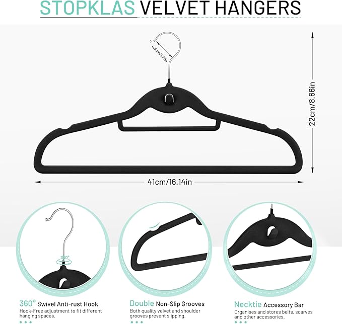 Velvet Stackable Hangers 30 Pack, STOPKLAS Black Clothes Hanger Non Slip Felt Hangers with 360° Swivel Hook, Thin Hanger Space Saving, Heavy Duty Closet Hanger for Clothes, Coats, Suits, Dress, Pants