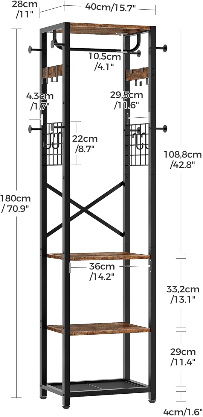 Coat Rack with Shelves, Freestanding Hall Tree, Coat Tree with 16 Hooks and Hanging Rail, Industrial Clothes Stand for Entryway, Hallway, Bedroom, Rustic Brown and Black TYM18BF