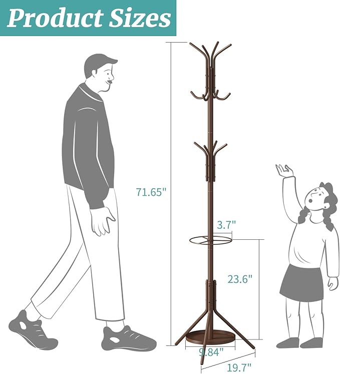 Coat Rack, Coat Rack Freestanding with Umbrella Holder, Adjustable Height Shelf with 12 Hooks, Used In The Bedroom, Living Room, Office To Hang Clothes, Hats, Bags