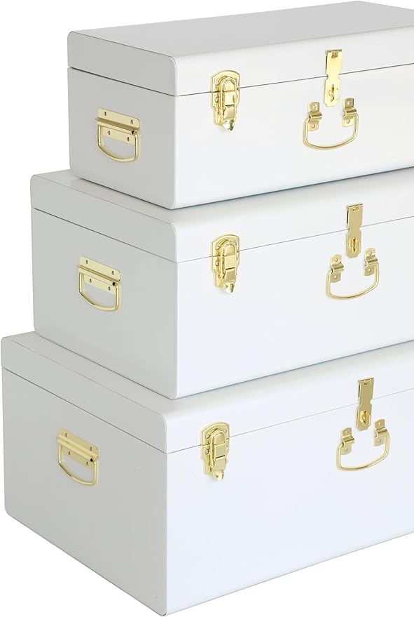 Vixdonos Decorative Box Set of 3 Metal Trunks Chest with Safety Lock Clasp for Treasure Organization and Home Dorm Decor,26.8x16.5x11Inches