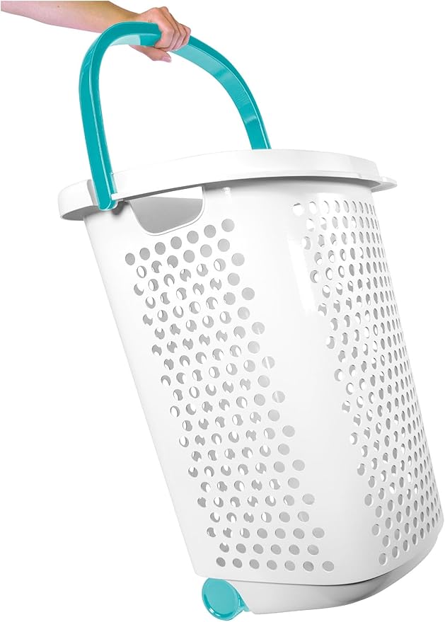 2Bushel -Wheeled Laundry Plastic Basket ，With a Handle, Lightweight and Durable, With Wheels, Suitable for Apartments, Bedrooms, Bathrooms and Laundry Rooms (15.47x 20.11 x 25 in)