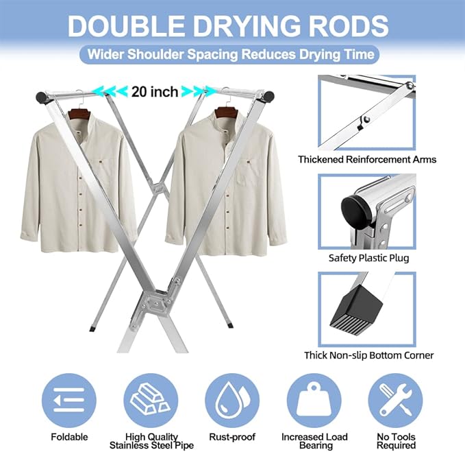 2026 Premium Stainless Steel Clothes Drying Racks, Foldable and Adjustable Laundry Drying Rack Clothing for Indoor Outdoor （79" D x 28.4" W x 50.4" H）
