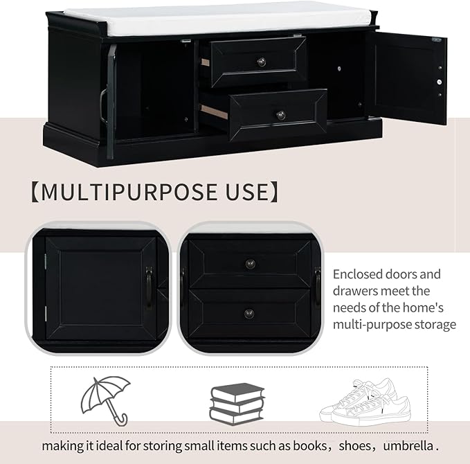 Knocbel 42.5" Entry Storage Bench with Removable Cushion, 2 Drawers and 2 Cabinets, Entryway Hallway Foyer Shoe Bench End of Bed Bench with Aluminum Handles, 200lbs Weight Capacity (Black)