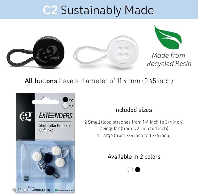 C2 Elastic Shirt Collar Extenders - 5 Pack Neck Button Expander - Non-Metal Button Extender Dress Shirt - Black and White