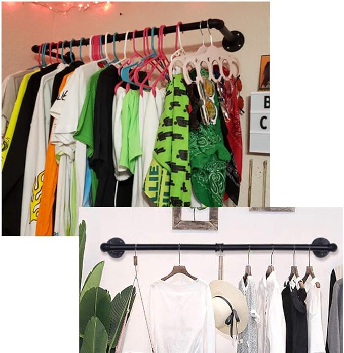 Industrial Pipe Clothes Rack, Black Iron Garment Bar Wall Mounted Decor, Heavy Duty Detachable Garment Racks, Multifunction Hanging Rod for Room Storage, 36.33 ”Length