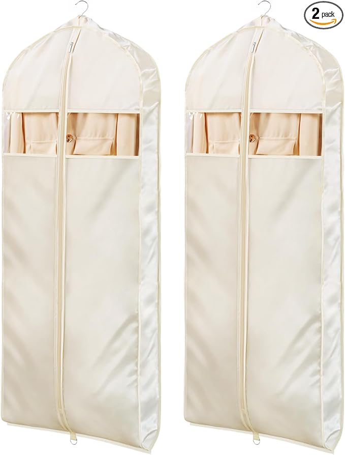 Univivi Super Soft Satin Garment Bags for Hanging Clothes, 60 Inch Zippered Dress Cover with Gussets, Breathable & Non-smell for Dresses, Coats, Jackets, Shirts, 2 Pack - Apricot