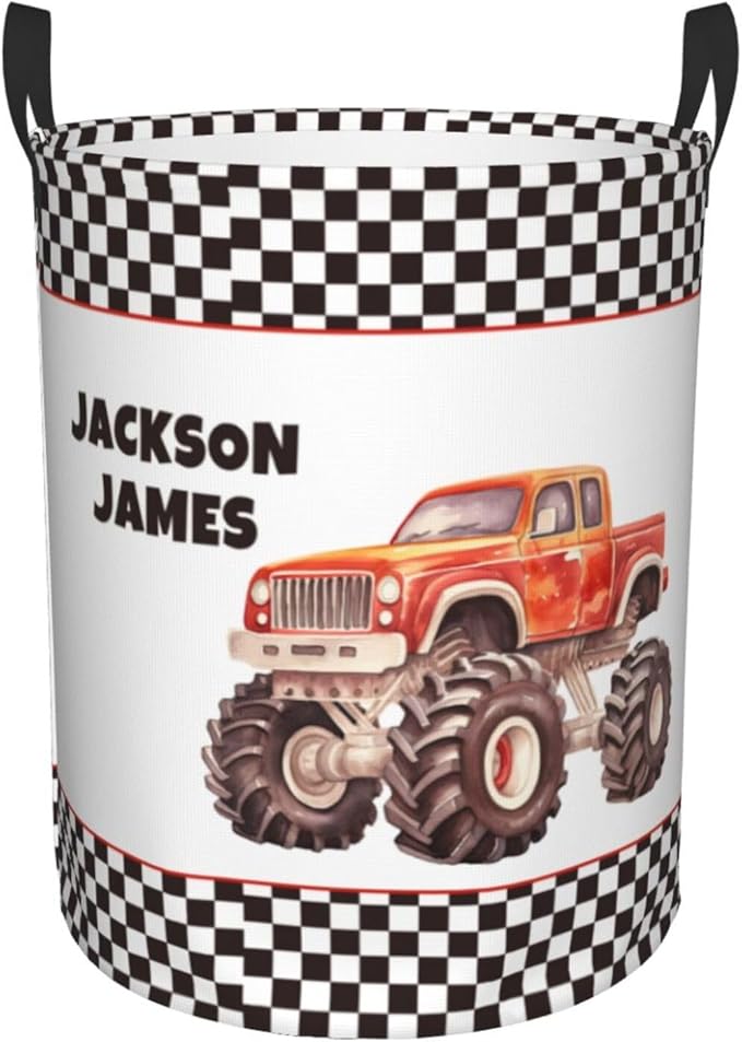 Personalized Truck Laundry Basket, Custom Laundry Hamper With Name Gifts For Kids Baby Adults, Collapsible Dirty Clothes Storage Organizer With Handles S 16.5 X 13.8in