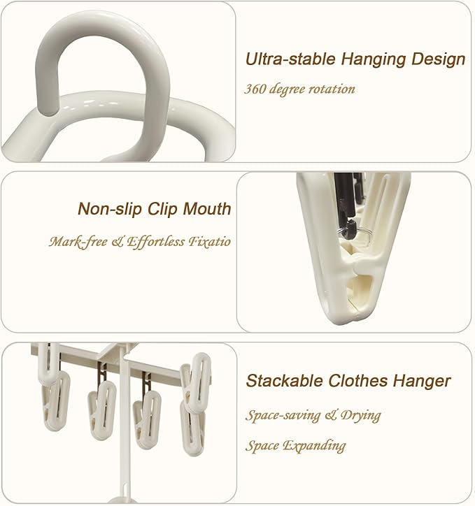 Clothes Drying Hanger with 12 Clips 2 Pack Folding Portable Hanging Drying Rack,Drip Foldable Hanging Rack 360° Rotatable Hook Clips