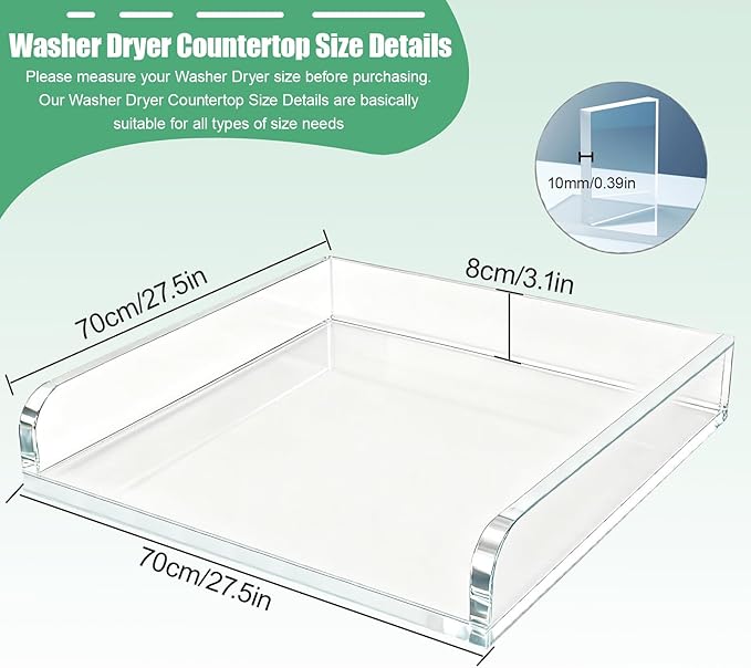 Washer Dryer Countertop, Acrylic Single Laundry Countertop, 27.5″ W*27.5″ D*3.1″ H, Laundry Topper for Washer and Dryer with Non-Slip Mat for One Unit Only Washer or Dryer (Transparent)