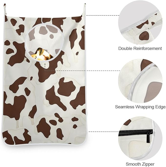 Hanging Laundry Hamper with Stainless Steel Hooks,Oxford Fabric Printing Door Laundry Clothes Bag, 29.5X20inch 1PCS Brown Cow Print