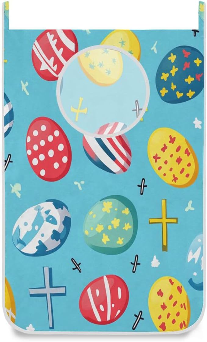 Hanging Laundry Hamper Over the Door with Stainless Steel Hooks Rack Dirty Clothes Wall Mounted Hamper Basket Bag 29.5X20inch Blue Easter Eggs and Nails1
