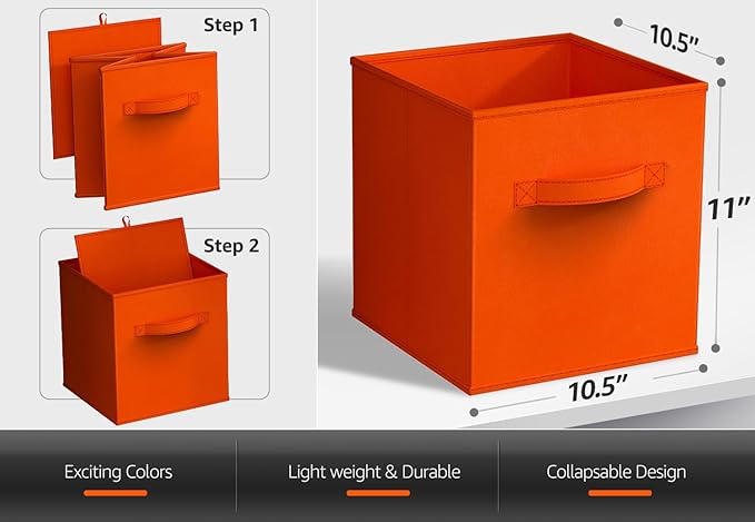 Sorbus Foldable Storage Cubes - 6 Fabric Baskets for Organizing Pantry, Shelf, Toy Box, Cubby, Closet - 11 Inch Collapsible Closet Organizers and Storage Bins with Handle (Orange)