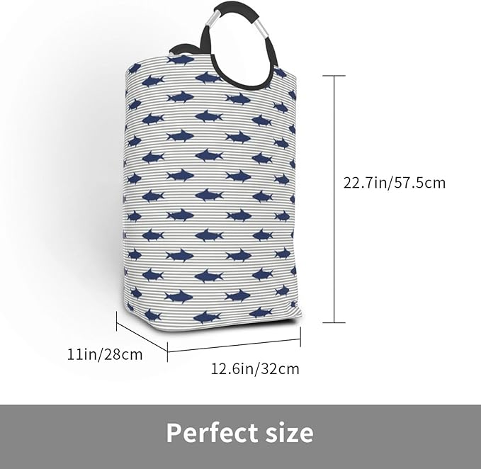 Cute Shark Laundry Basket Ocean Fish Hamper Funny Collapsible Laundry Baskets with Handle Blue Dirty Clothes Hamper Bag for Dorm Family Bathroom Decor Storage 50L