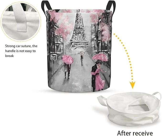 Dujiea Eiffel Tower Pink Lovers in Paris Laundry Basket Round with Handle, Collapsible Foldable Canvas Storage Bin Dirty Clothes Bag for Laundry/Toys Organizer/College Dorm/Nursery/Decor(2 Sizes)