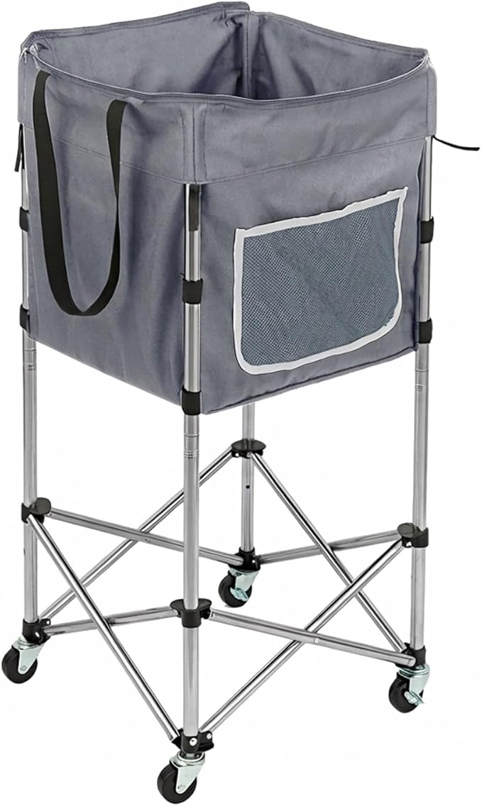Laundry Cart with Wheels, 35.9"H Stand-Up No-Bend Rolling Laundry Basket, Locking Brakes, 360 Swivel Rubber Wheels, Fold-Flat Space-Saving Stainless Steel Frame, Removable Washable 600D Oxford Bag