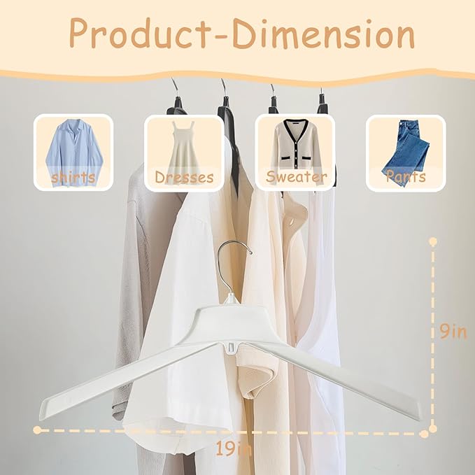 Extra Wide Hangers for Plus Size Clothes, Ganchos para Colgar Ropa,19 Inch Plus Size Hangers Ideal for XL, XXL Shirts, Coats, Dresses, Etc. Plastic. White.
