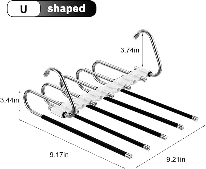 2Pack Pants Hangers Space Saving,Anti-Slip Design, Storage Organizer for Pants Jeans Trousers Skirts Scarf,Non Slip Stainless Steel Multifunctional Rack (Black, U-shaped-2pack)