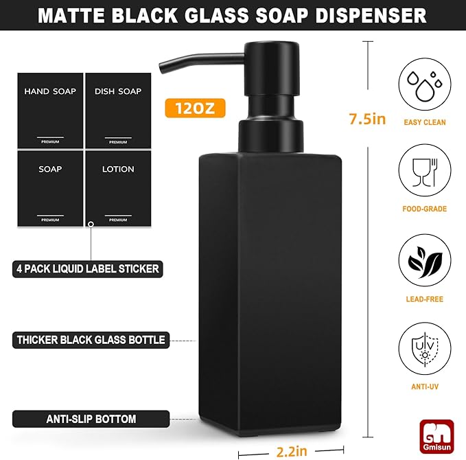 GMISUN Black Soap Dispenser, Hand Soap Dispenser Bathroom, 12oz Glass Soap Dispenser with Stainless Steel Pump, Liquid Dish Soap Dispenser for Kitchen, Modern Bathroom/Kitchen Soap Dispenser Set