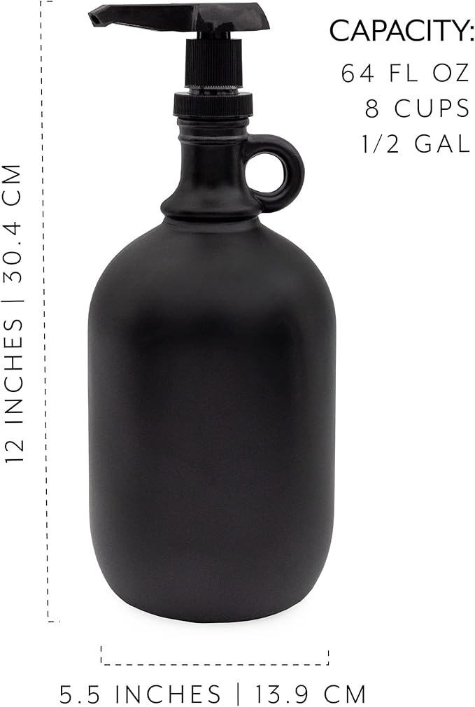 Darware Half Gallon Glass Pump Dispenser Bottle (Black), 64-Ounce Jug with Pump for Sauces, Syrups, Soaps and More