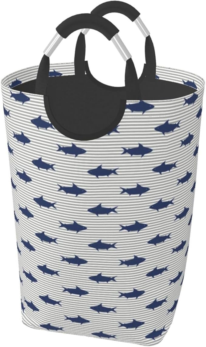 Cute Shark Laundry Basket Ocean Fish Hamper Funny Collapsible Laundry Baskets with Handle Blue Dirty Clothes Hamper Bag for Dorm Family Bathroom Decor Storage 50L