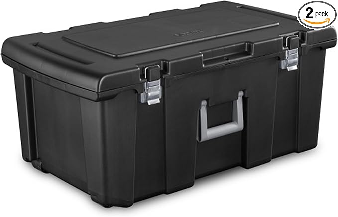 Sterilite 2-Pack Footlocker, Lockable Plastic Utility Storage Container Box, Black - Heavy-Duty Organizing Containers for Home, Garage, Office, and Basement
