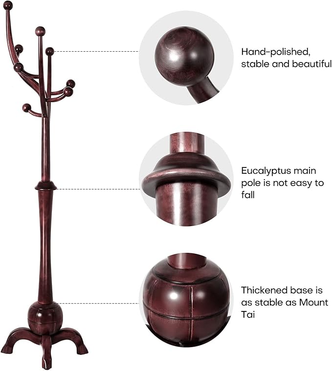 Bekrvio Coat Rack Freestanding Wood Tree Rack with 8 Hooks, Creative Design Tree Branch-look, Coat Tree Clothes Hanger Stand with Stable Sphere Base for Entryway, Hallway, Bedroom (Wine Red)