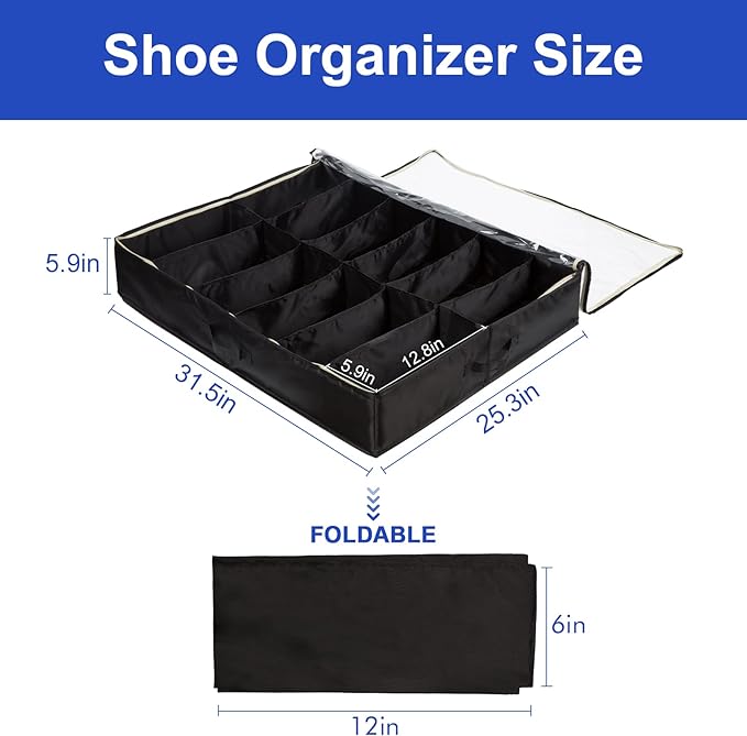 Surblue Under Bed Shoe Organizer Storage Bag with Transparent Skylight and Zippered,36 Pairs,Black 3 PCS