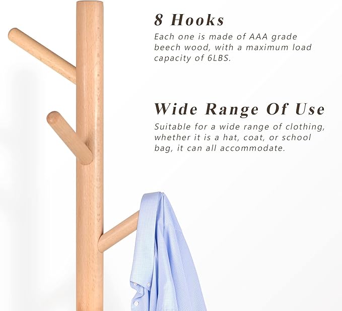 Coat Rack Freestanding Stand Adjustable Coat Tree with 4 Sections 8 Hooks Easy Assembly Beech Wood Coat Jackets Hanger for Hat, Purse Holder, Bedroom, Office, Hallway, Entryway