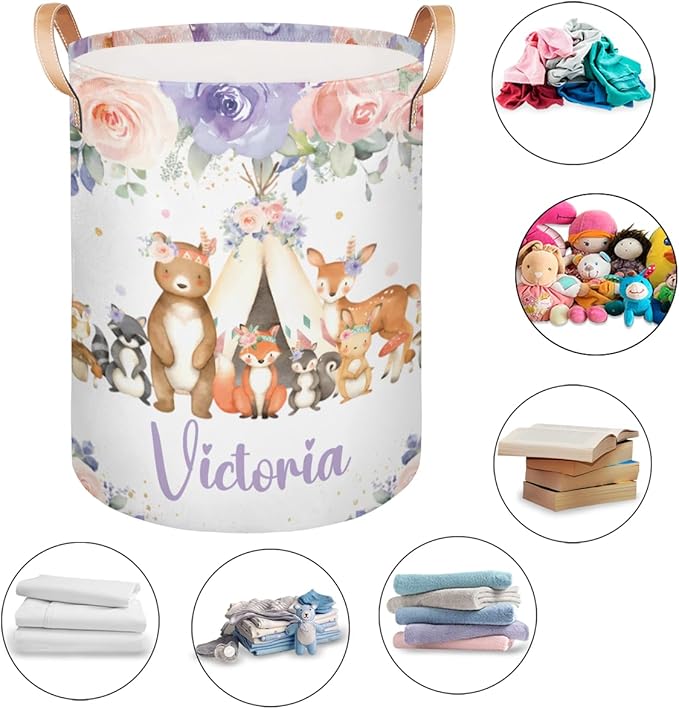 Personalized Laundry Basket, Custom Gift Laundry Hamper, Collapsible Nursery Waterproof Laundry Baskets, Dirty Clothes Toy Hamper with Handles Woodland Animals Blush
