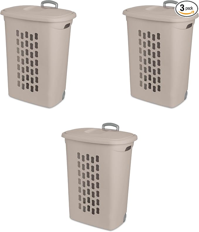 Sterilite 3-Pack Ultra Wheeled Hamper, Plastic Rolling Laundry Basket, Gray Pumice - Portable Clothes Carrier with Flip-Top Lid and Retractable Handle for Home, Apartment, and Dorm