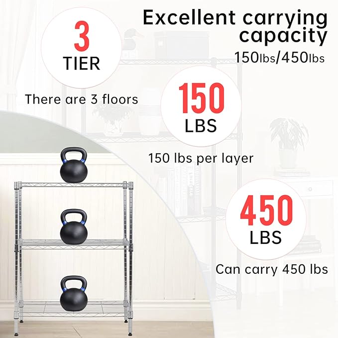 3-Tier Metal Wire Shelving Unit, Heavy Duty Adjustable Storage Rack for Laundry Room, Pantry, Kitchen, Garage Organization and Storage, Small Space Shelves (Chrome, 23"L × 13.2"W × 30.2"H)