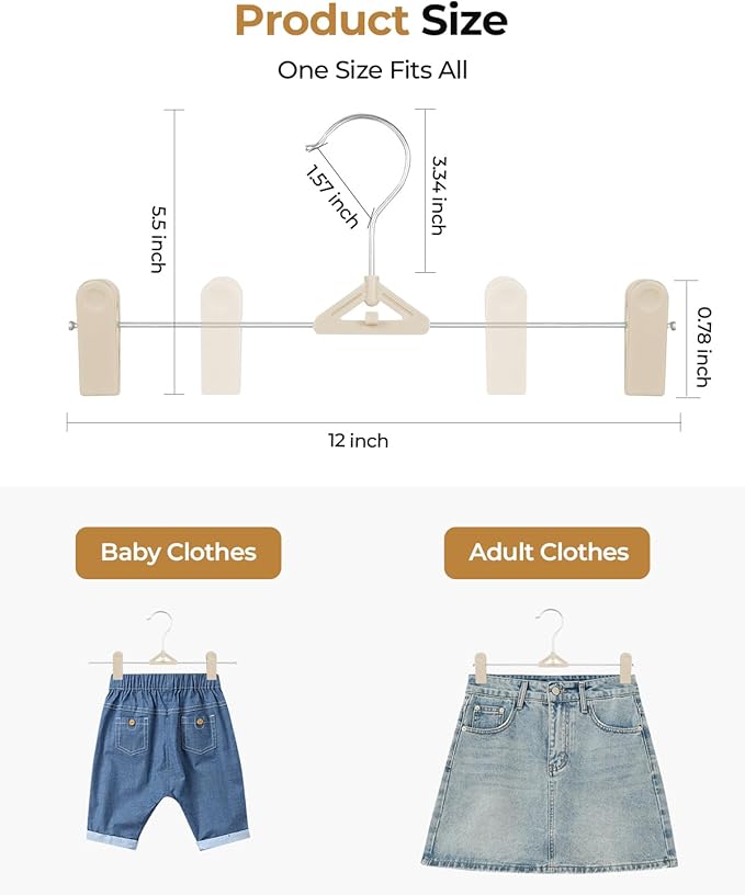Pants Hangers with Clips 50 Pack - Space Saving Stackable Shorts Skirt Hangers with Clips - Non-Slip, Adjustable for Men, Women, Kids, Children, Baby, Beige