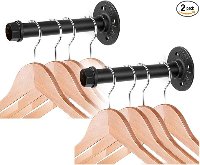 Sumnacon 2 Pcs 7.7 Inch Industrial Pipe Clothes Bar - Heavy Duty Rustic Metal Coat Hanger with Screws, Wall-Mounted Garment Holder Rack for Bedroom/Bathroom/Cabinet/Boutique/Clothing Store, Black
